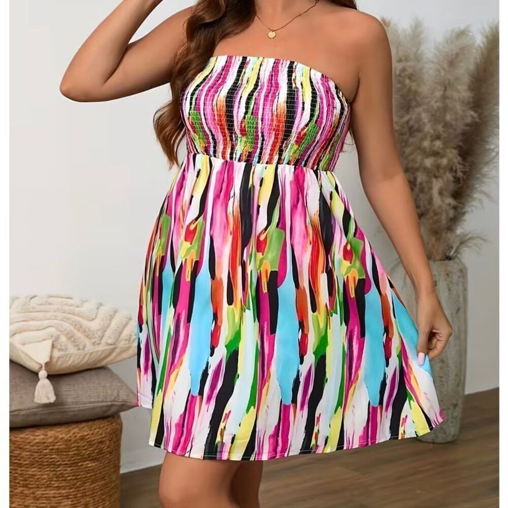 Womens Multi Color Strapless Smocked Dress Sz 2XL